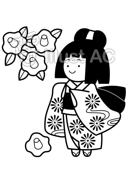 椿と女の子の無料フリーイラスト素材白黒モノクロ