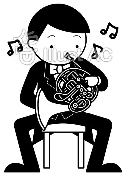 ホルンの無料フリーイラスト素材白黒モノクロ