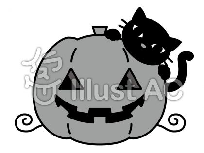 南瓜と猫の無料フリーイラスト素材グレースケール